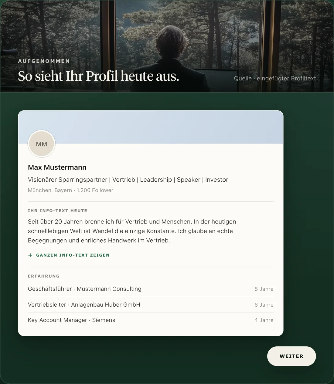 Optimizer-Station Aufnahme: das eingelesene Profil, dargestellt wie ein Besucher es heute sieht