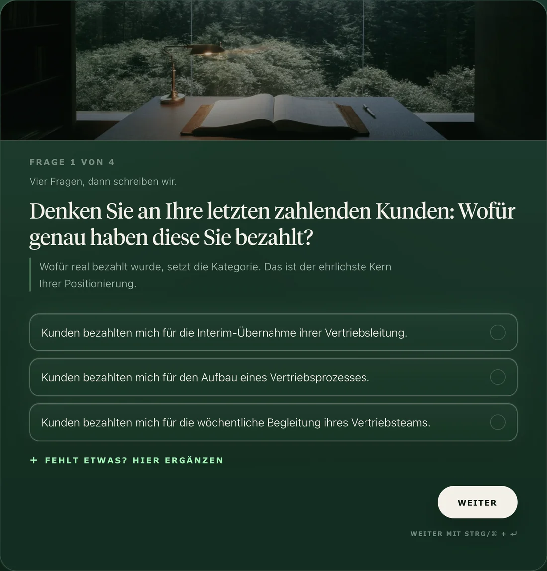 Optimizer-Station Tiefenfragen: Frage 1 von 4 mit antippbaren Antworten