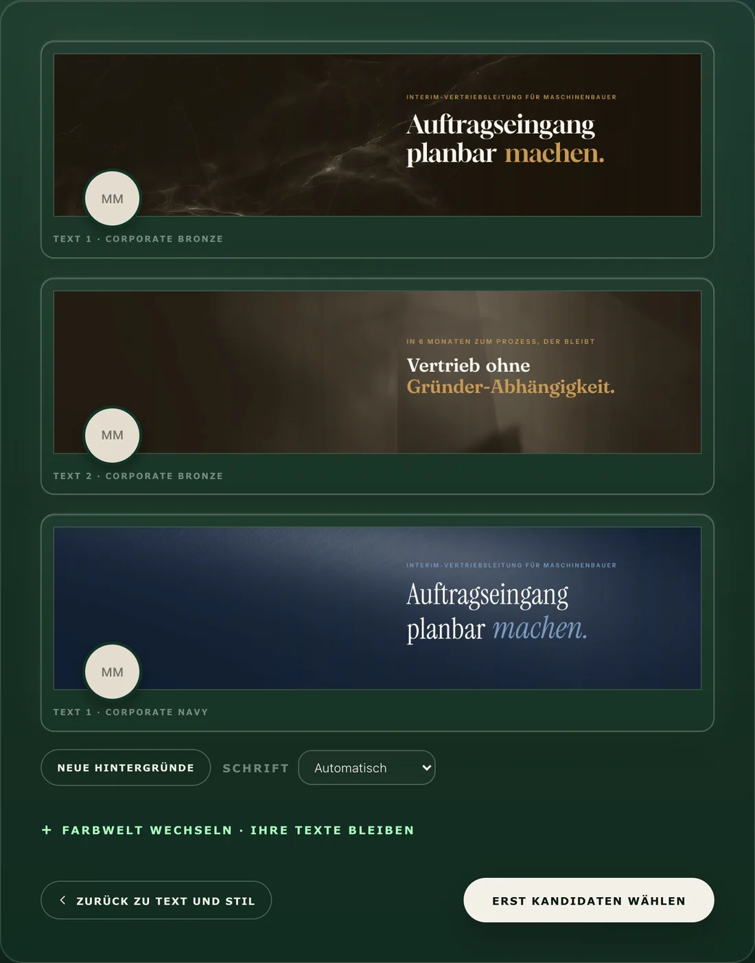 Optimizer-Station Banner: drei fertig gerenderte Kandidaten zur Auswahl