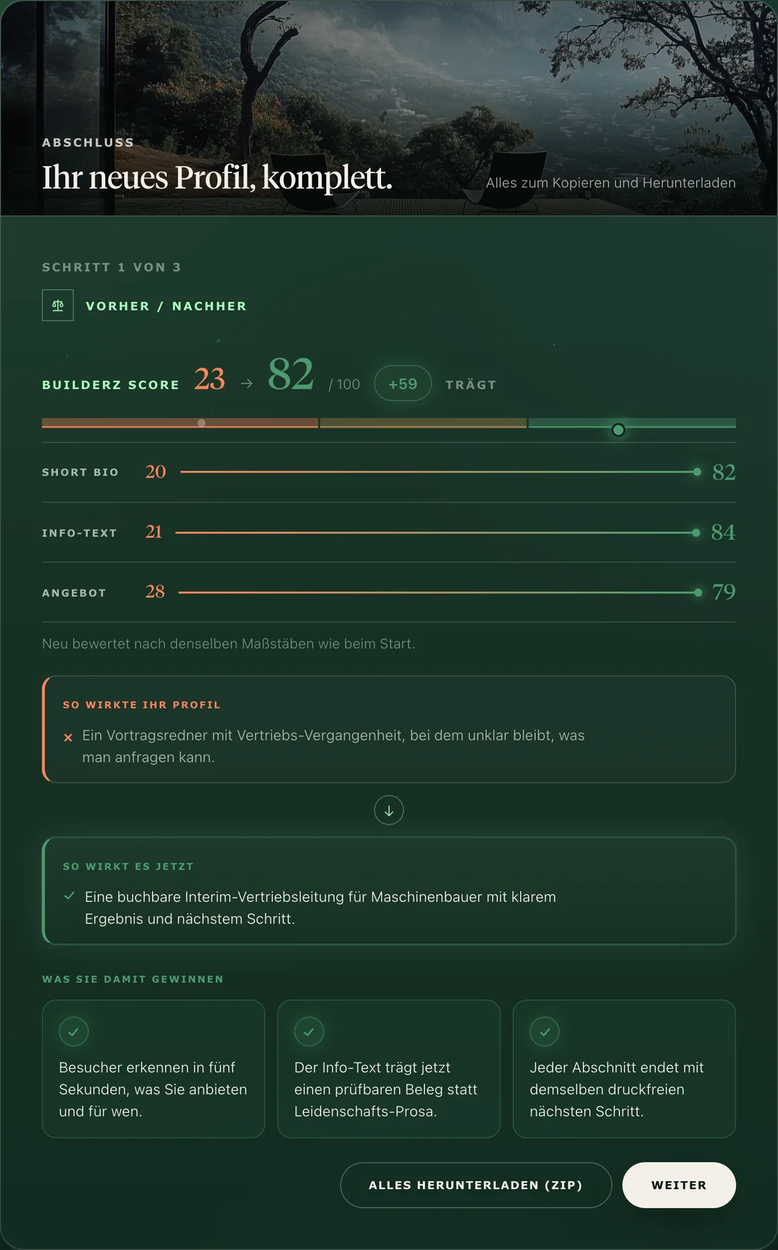 Optimizer-Station Abschluss: Vorher-Nachher-Bewertung und Download aller Bausteine