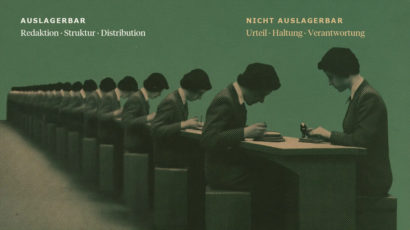 Eine lange Reihe von Händen bereitet Werkstücke vor; ganz rechts setzt eine einzelne Hand das Meisterzeichen.
