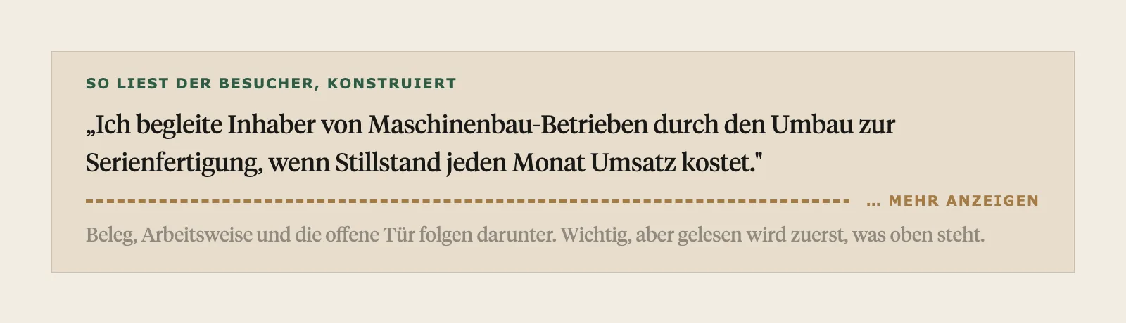 Der Info-Block an der Kante von „mehr anzeigen“: nur die ersten zwei Zeilen sind sichtbar, alles darunter wird erst nach dem Klick gelesen.