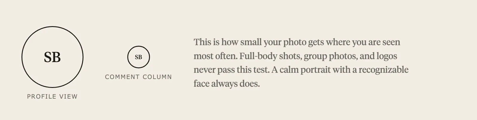 The same profile photo in profile view and in the comment column, where it shrinks to a few millimeters.