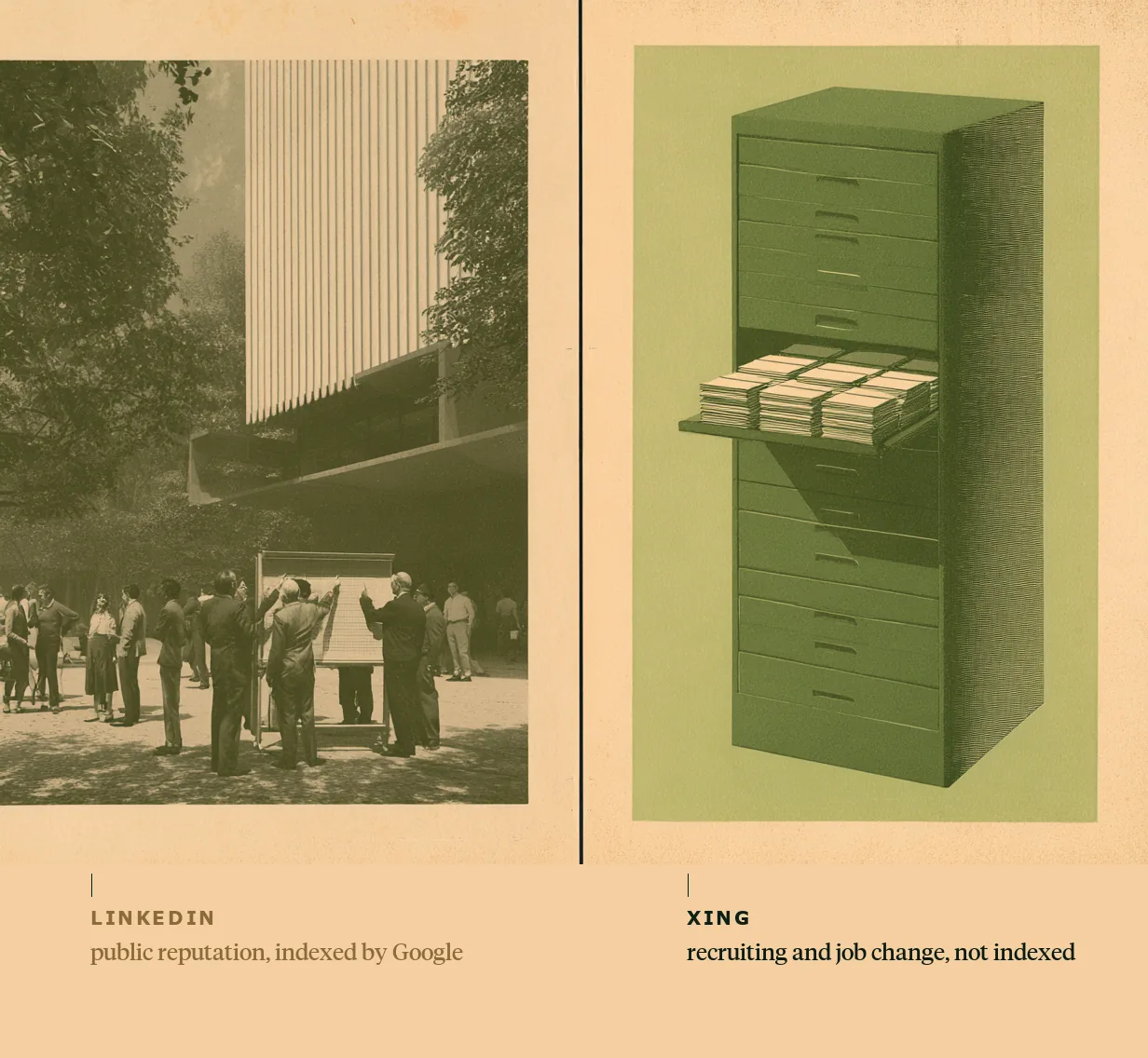 On the left a busy public square, on the right a closed filing cabinet with one drawer half open.