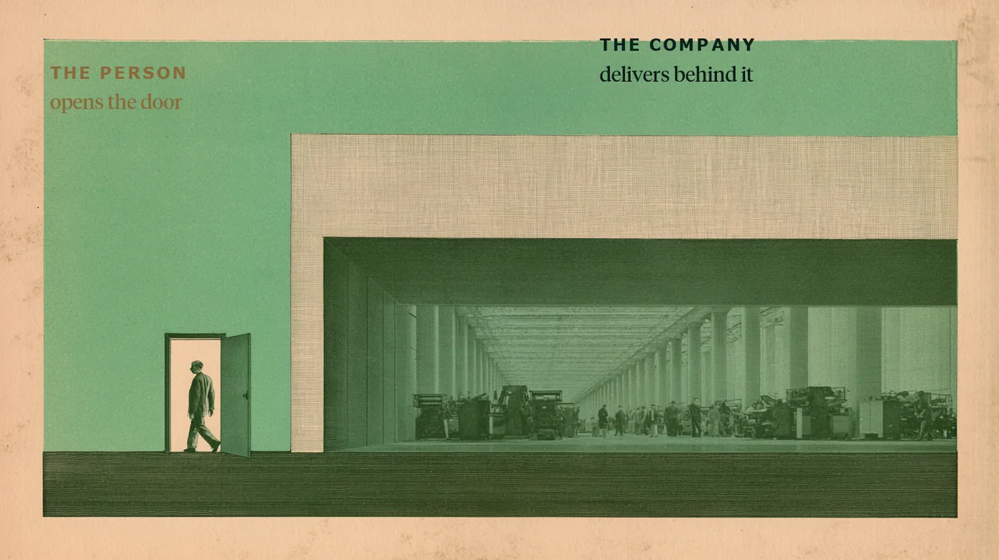A single open door with one person stepping through, and behind it a large hall of machines and workers.