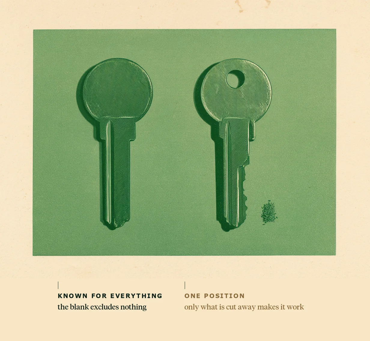An uncut key blank beside a finished key, with the filings of the removed material next to it.