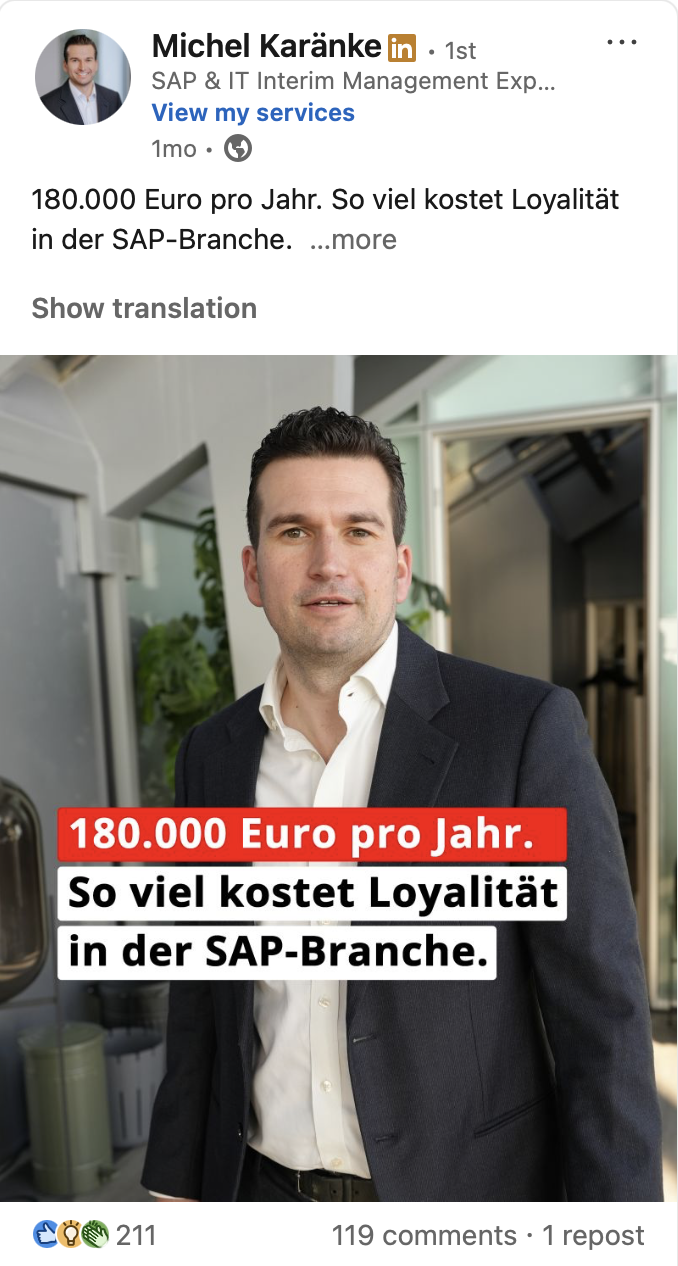 LinkedIn-Beitrag von Michel Karänke: 180.000 Euro pro Jahr, 211 Reaktionen