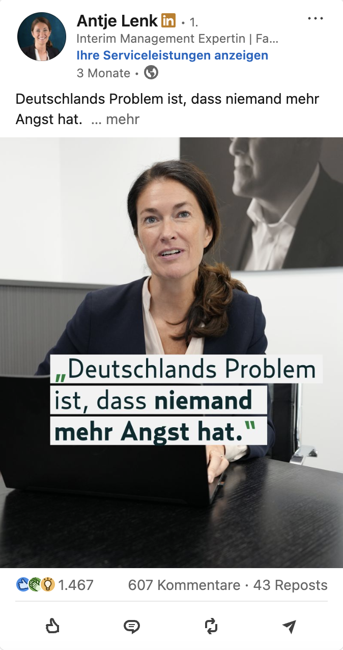 LinkedIn-Beitrag von Antje Lenk über Angst und Verantwortung
