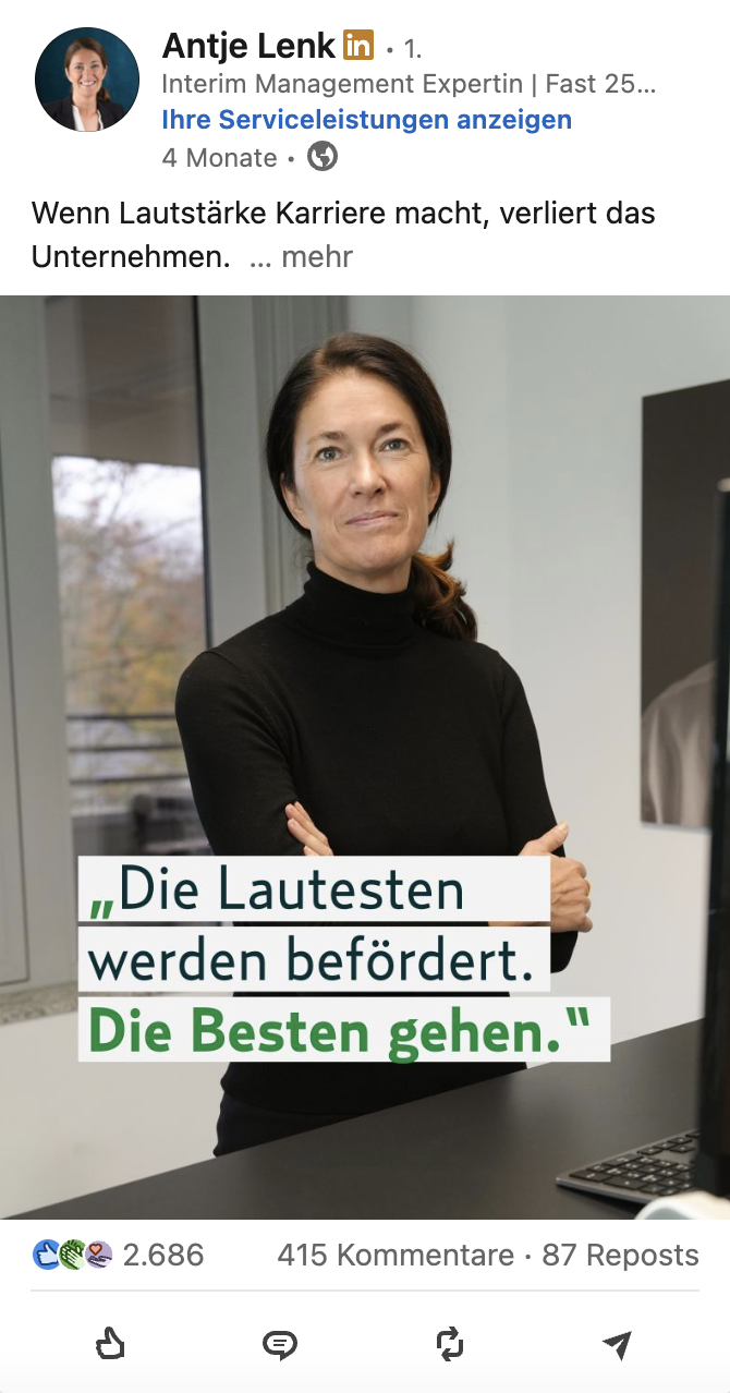 LinkedIn-Beitrag von Antje Lenk über Lautstärke und Karriere