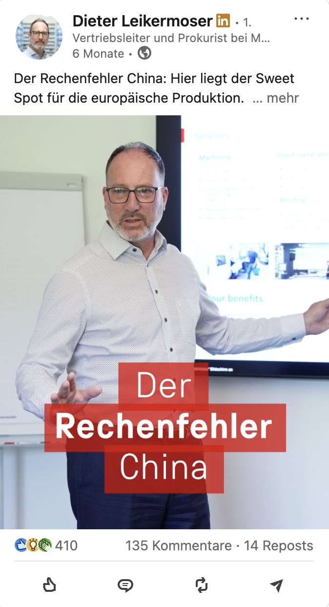 LinkedIn-Beitrag von Dieter Leikermoser über europäische Produktion