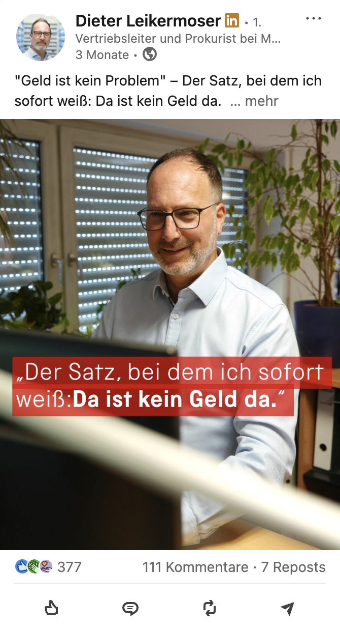 LinkedIn-Beitrag von Dieter Leikermoser über Budget und Vertrieb
