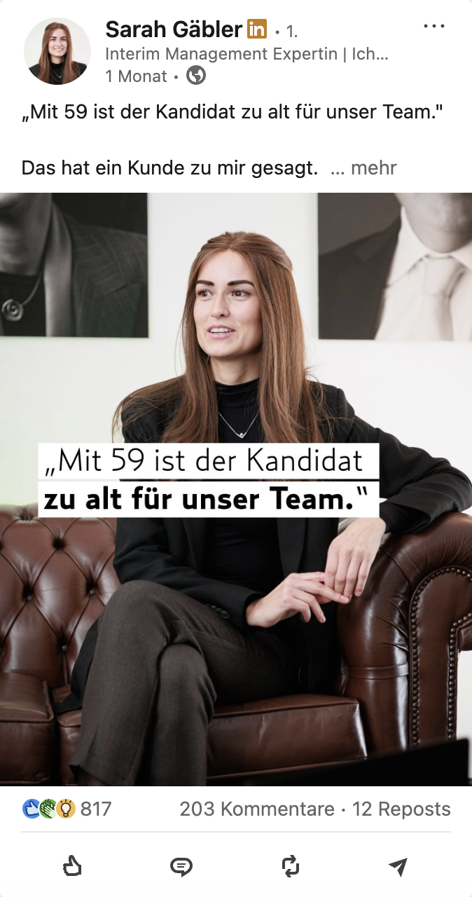 LinkedIn-Beitrag von Sarah Gäbler über Alter im Recruiting