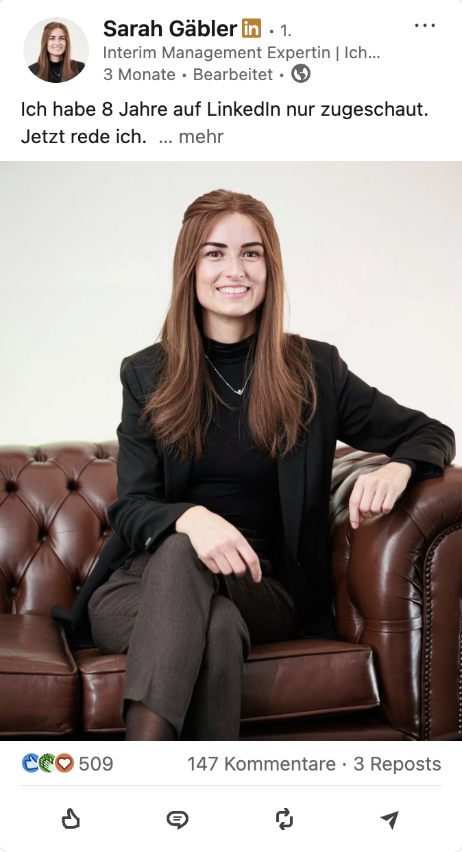 LinkedIn-Beitrag von Sarah Gäbler über acht Jahre Beobachten und jetzt reden