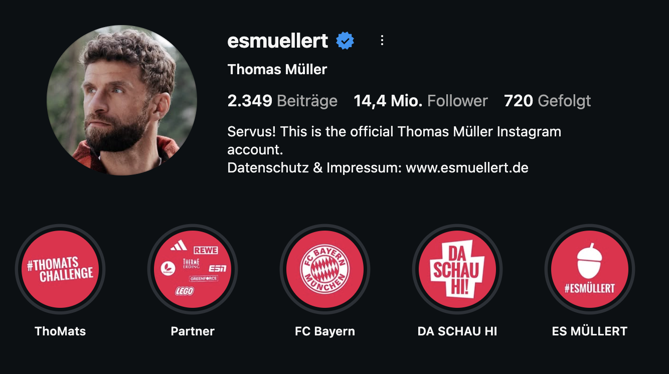 Instagram-Profil von Thomas Müller mit 14,4 Millionen Followern