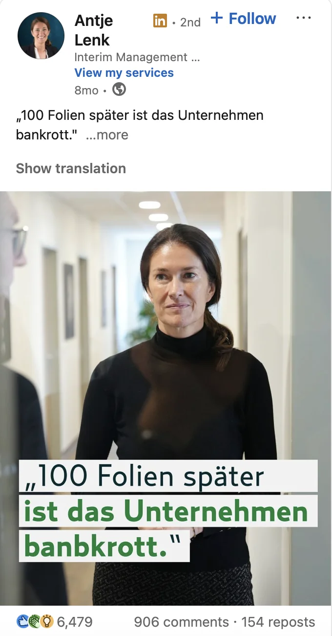 LinkedIn-Beitrag von Antje Lenk über Unternehmenskrisen