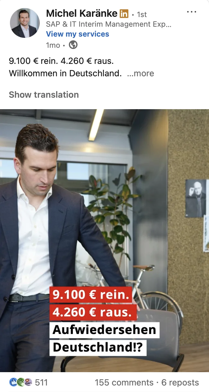 LinkedIn-Beitrag von Michel Karänke über SAP-Projekte