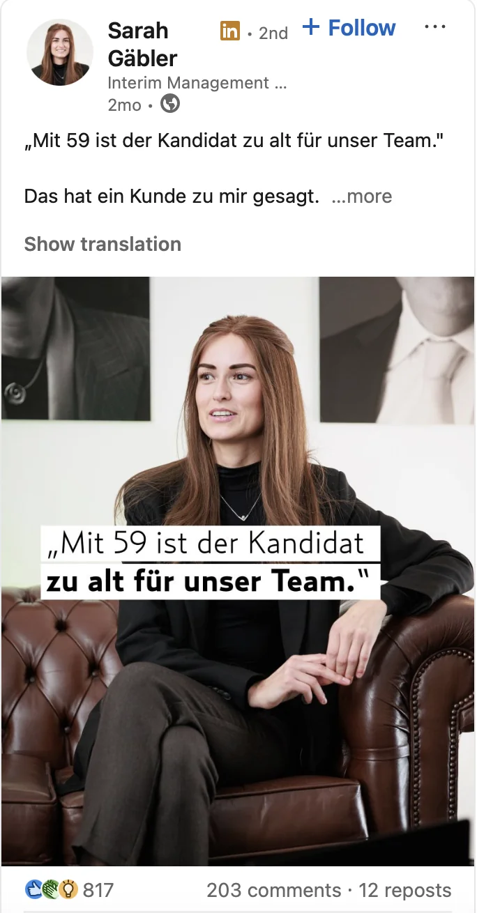 LinkedIn-Beitrag von Sarah Gäbler über Alter im Recruiting